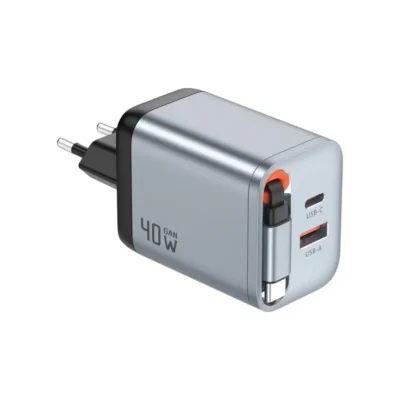 آداپتور شارژر 40 وات مدل اروپا Green Lion GaN Premium EU Plug Wall Charger 40W طوسی با یک درگاه Type-C و یک درگاه USB-A