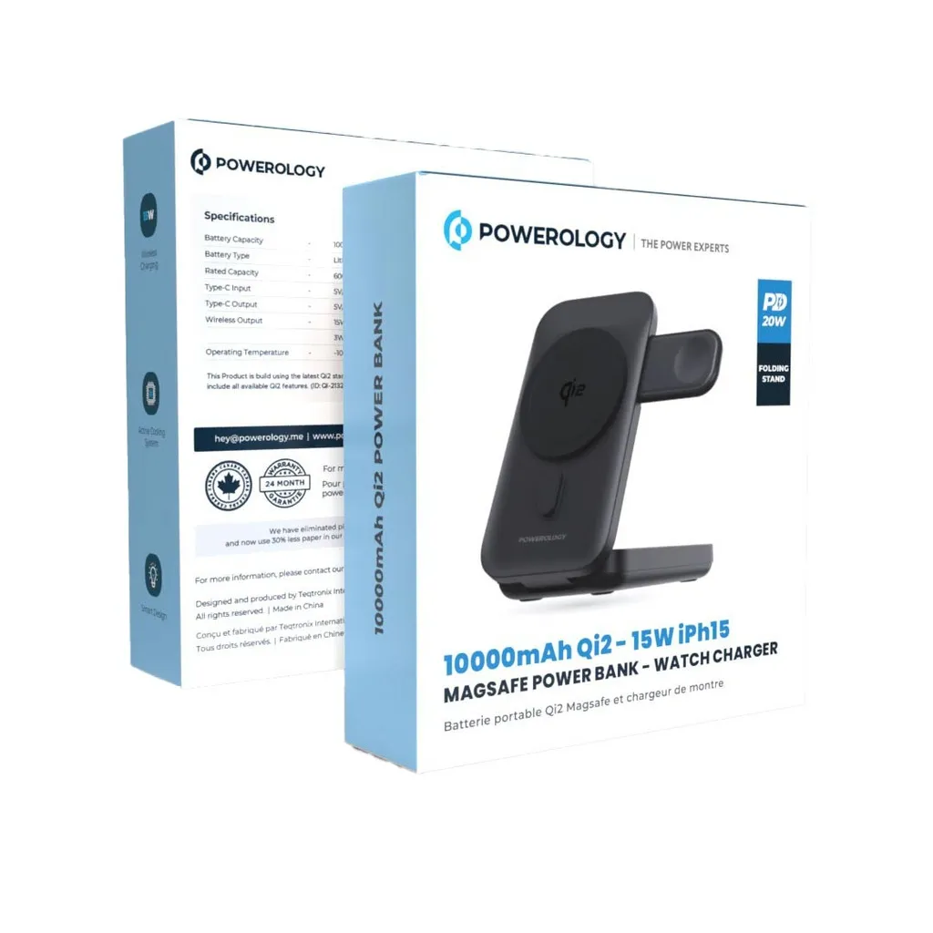 پکیجینگ استند شارژر پاورولوژی Powerology 10000mAh Qi2 – 15W iPh15 MagSafe Power Bank